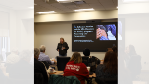 people watching presentation about flu shots and vaccinations